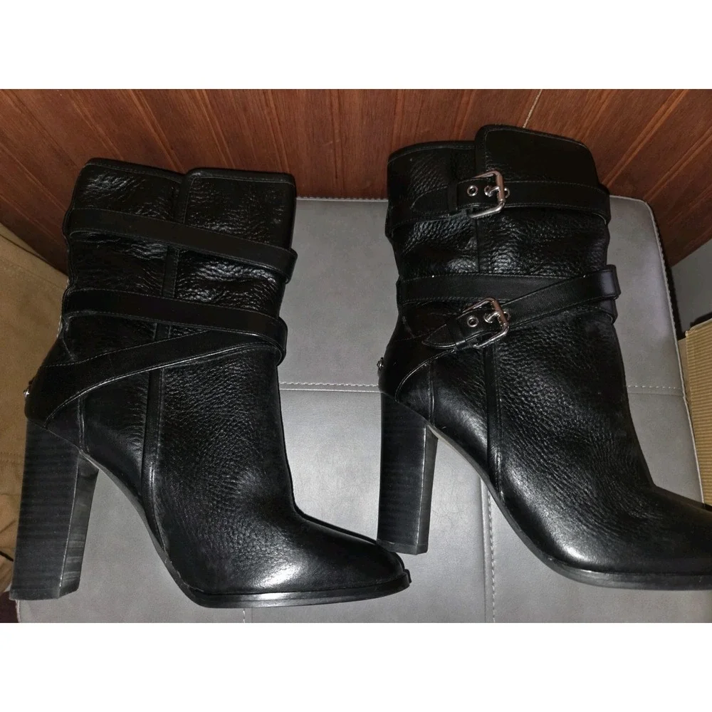 *Coach Buckle Mid Calf Boots Black Leather Size 6.5B Alexandra Chunky Heel